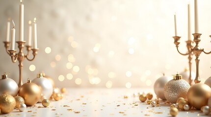 Premium New Year background in soft white shades with radiant golden highlights, hanging gold ornaments, gentle bokeh glow, elegant confetti scatter, upscale holiday branding style