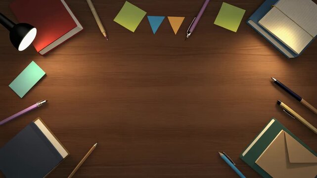 Top view of a wooden desk with notebooks, pens, pencils, and sticky notes, ideal for study or work setup