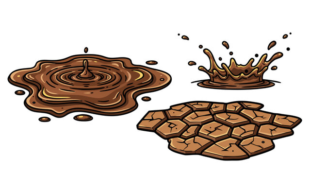 Stages of mud: from a watery puddle to a splash and finally dry, cracked earth