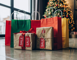 Christmas gifts with discount tags and shopping bags indoors