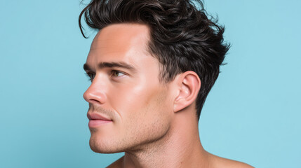 Fototapeta premium Sun kissed warmth defining male facial planes, young man with clear skin and wavy dark hair, pastel baby blue background, healthy complexion, confident expression