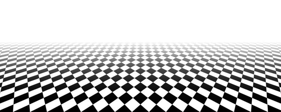 Black and white checkerboard floor fading in perspective. Vanishing checkered tile pattern background. Vector vintage empty room stage checker floor. Retro horizontal chess board grid plane surface