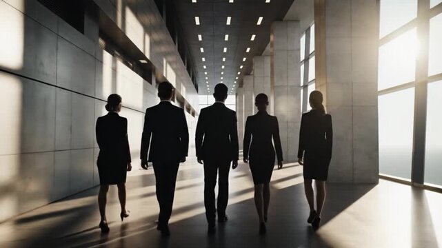 Professional business team walking in modern sunlit office corridor. Corporate group silhouettes moving forward, symbolizing success and leadership.