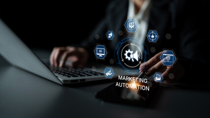Marketing automation diagram showcase AI-driven campaign workflow, highlight marketing automation, data-driven strategy, marketing automation tools, and market automation process in business. Spline