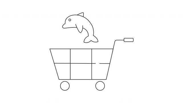 A shopping cart with a jumping dolphin line drawing
