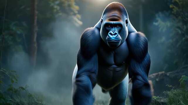 Powerful silverback gorilla on a forest path with misty atmosphere
