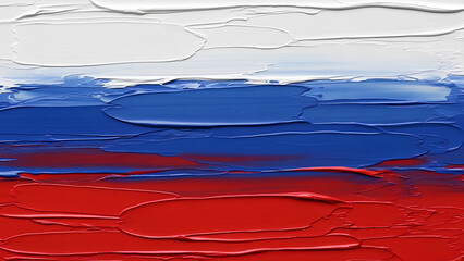An expressive abstract rendering of the Russia flag, with white, blue, and red horizontal bands painted in bold painterly strokes and subtle textured gradients.