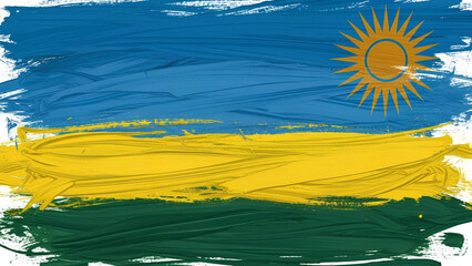 An abstract artistic depiction of the Rwanda flag, featuring bright blue, yellow, and green bands with a stylized golden sun, painted in textured expressive brush strokes.