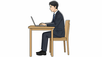 Fototapeta premium ノートパソコンで真剣に仕事をする日本のビジネスマン - PC作業とデスクワークのアニメ・ウェブトゥーン風イラスト