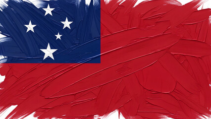 An expressive abstract depiction of the Samoa flag, with deep red fields and a blue canton featuring white stars, painted in bold textured brush strokes.