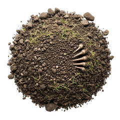 Realistic mole hill soil mound, loose earth, high detail, sharp focus, top-down view, isolated on transparent background. Ideal for gardening blogs, pest control ads, nature education,