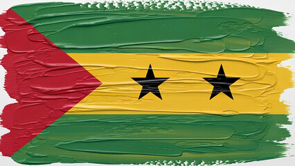 An expressive abstract interpretation of the S&atilde;o Tom&eacute; and Pr&iacute;ncipe flag, with green, yellow, and red bands and black stars painted in layered textured brush strokes..