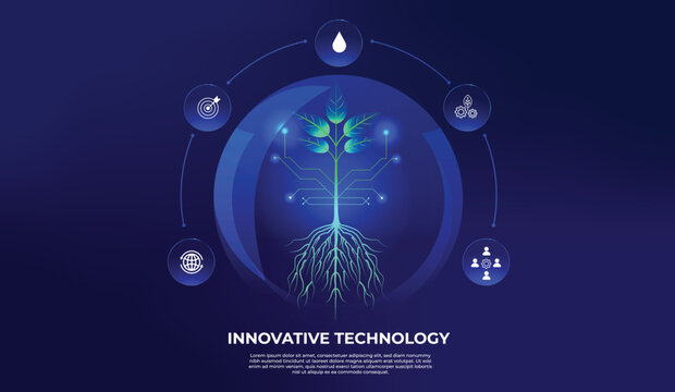 Futuristic seedling inside a translucent glass sphere. Representing environmental awareness, ecology, and Earth protection. Includes five technological and biotech icons, responsible innovation