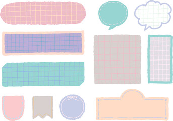 手描き風線画の見出しフレーム・吹き出し素材セット（チェック柄・くすみパステル）