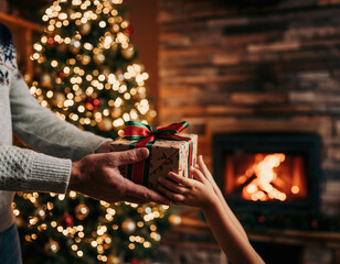 Giving a Christmas gift by the fireplace with a lit tree in the background