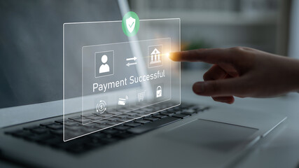 Successful transaction message showing secure payment. Payment confirmed, secured, payment processed, and payment completed with trust and transaction integrity. Latch