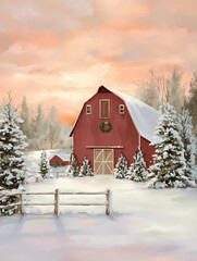 a red barn in the snow, with christmas wreaths on its doors and windows, surrounded by evergreen trees. the sky is painted pink as if it were sunset or sunrise.