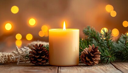 Lit Christmas Candle with Pine Cones, Evergreen Branches, and Festive Bokeh Lights on Rustic Wood Table, Cozy Holiday Ambiance