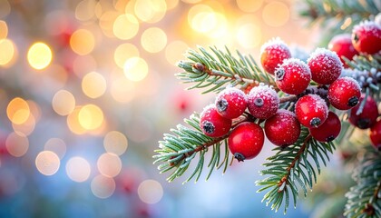 Frosted Fir Branch with Red Berries and Golden Bokeh Lights, Winter Christmas Background