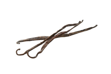 Two dried vanilla pods lying side by side on white, isolated, PNG