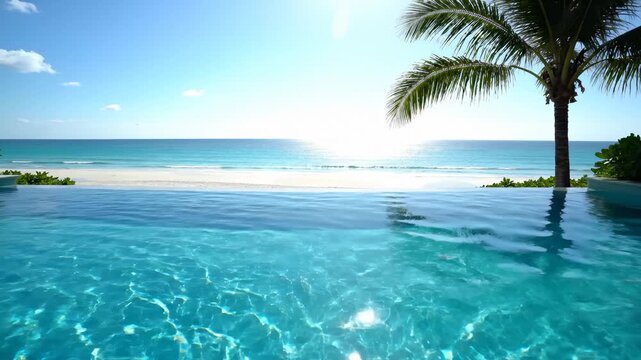 Relaxing View From Infinity Pool to Ocean and Beach on Sunny Day