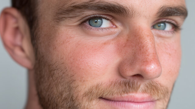 Natural warm tone male skin with healthy blush, close up of young adult face, clear complexion, blue eyes, white lighting, subtle freckles, and soft facial hair