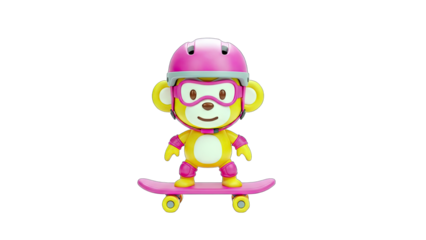 Cartoon Monkey Skateboarding with Helmet on White Background