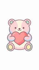 Fototapeta premium Single teddy bear holding heart icon, flat cute vector illustration, pastel valentine colors, minimal detail, centered, white background, kawaii style