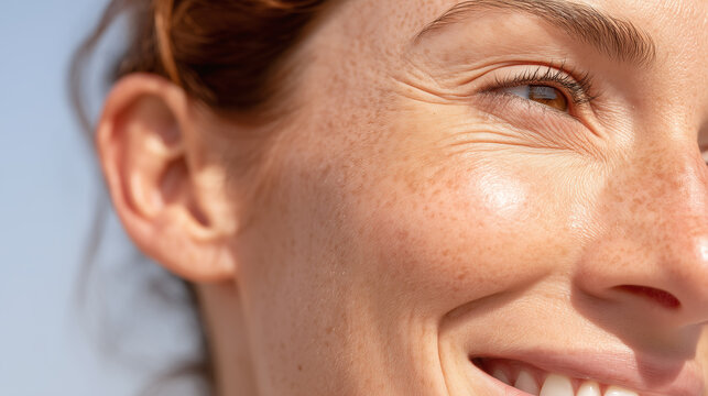 Close up of cheek ear and eye area with radiant skin soft light clear complexion visible freckles and natural smile lines expressing happiness and healthy appearance