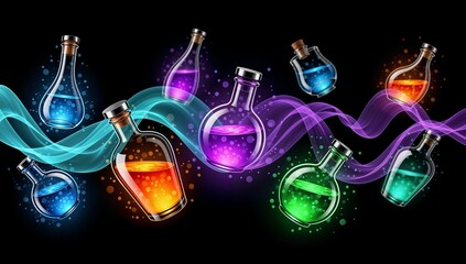 Fototapeta premium Colorful magical potions with glowing liquids and swirling energy