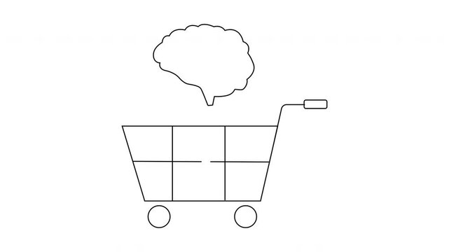 A brain icon hovers above a shopping cart both depicted in simple black lines against a white background