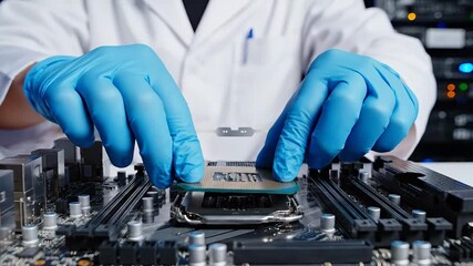 Expert hands in blue protective gloves meticulously install a central processing unit onto a sophisticated computer motherboard highlighting precision assembly in a hightech laboratory or manufacturi. - Powered by Adobe