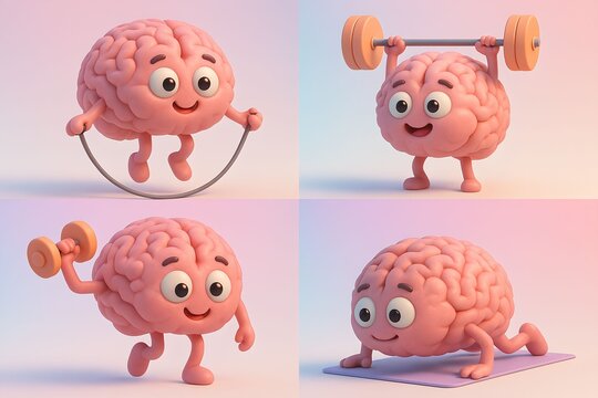 Pastel cute 3D cartoon brains jumping rope, lifting weights, exercising on mat for cognitive performance and health boost