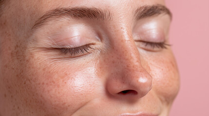 Fototapeta premium Close up of face with soft natural matte finish, pastel pink background, smooth skin, closed eyes, subtle freckles, and relaxed expression