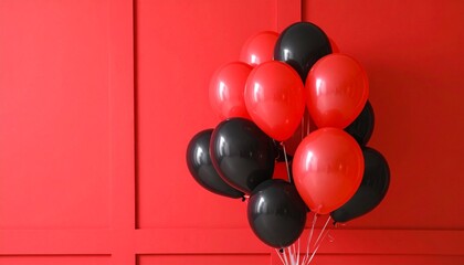 Festive Red and Black Balloons against a Vibrant Red Paneled Wall