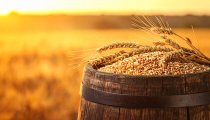 Golden Wheat Grains in Rustic Wooden Barrel with Ears of Wheat at Sunset