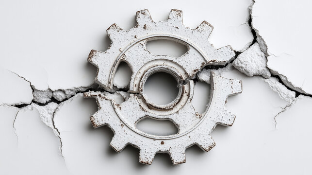 Cracked plastic gear macro on white background, minimal style, damaged mechanical part, industrial concept, broken appliance, stress, failure