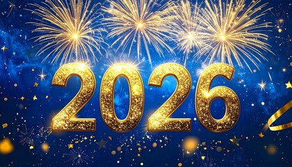 2026 New Year Celebration with Sparkling Gold Numbers and Fireworks on a Festive Blue Background