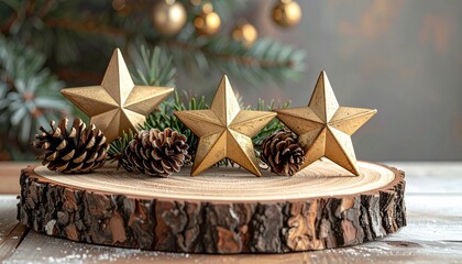 Golden stars and natural pinecones with evergreen branches on a rustic wood slice, festive Christmas decoration