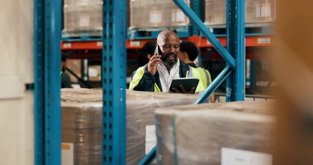 Warehouse, phone call and man with tablet for logistics management, coordination or listening. Mobile, supply chain supervisor and mature person with technology for inventory, communication and talk - Powered by Adobe