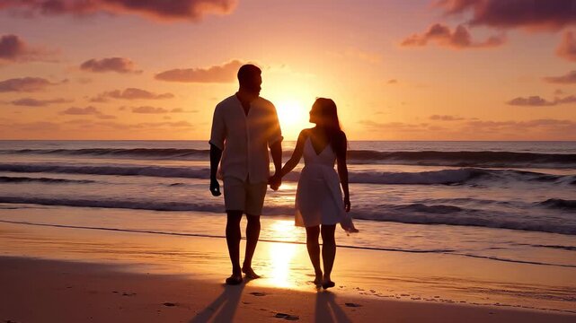 A romantic couple walks hand-in-hand along the serene beach shore at sunset, their silhouettes beautifully outlined against the vibrant, warm hues of the sky and the shimmering ocean waves, creating .