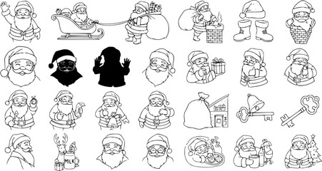 Obraz premium Detailed Black and White Line Art Collection of Various Santa Claus Illustrations, Christmas Icons, and Holiday Elements for Festive Designs