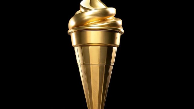 A striking, high-end 3D render of a soft-serve ice cream cone made entirely of solid, highly-reflective gold, set against a deep black background, symbolizing luxury, wealth, extravagance, premium rew