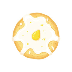 Donut with white frosting and egg yolk.