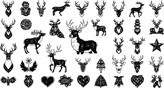 Vintage Hand-Drawn Deer and Reindeer Heads, Full Body Illustrations with Antlers, Forest Elements, and Decorative Symbols. A Versatile Monochrome Vector Set for Design.