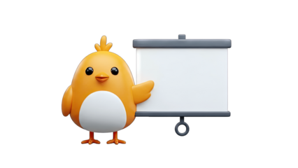 Cute Cartoon Bird Presenting on a Blank White Screen
