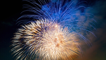 Fototapeta premium Electric Blue and Gold Collision. Happy New Year. Two fireworks simultaneously explode: one a massive brilliant gold burst and the other a streaking electric blue comet. 