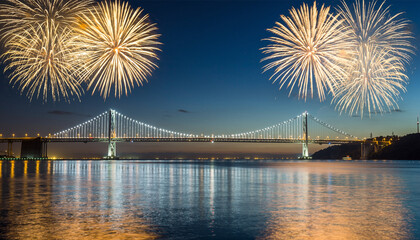 Over the Bridge View. Happy New Year. A view over a suspension bridge lit with white lights with massive golden fireworks symmetrically exploding on either side of the bridge's main towers.

