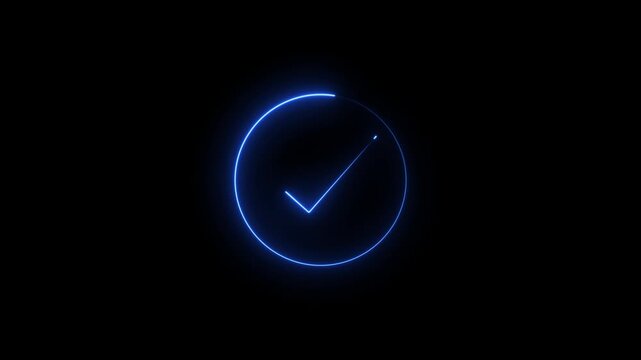 Glowing Yes 4k animation, blue check mark neon icon. Success symbol accepted and approve icon.
