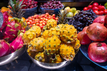 Dragon fruit in food shop, tropical superfood with pink skin and sweet, juicy flesh, packed with antioxidants and vitamins for refreshing